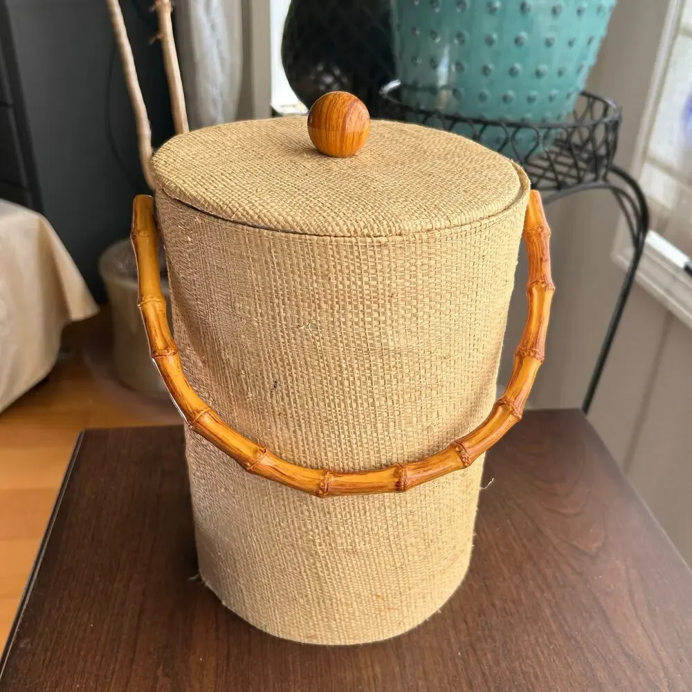 Vintage Mid-Century Modern Tall Grass Cloth Ice Bucket with Bamboo Handle